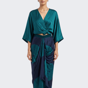 Peacock Blue Satin Top And Dhoti with Printed Embroidery 2