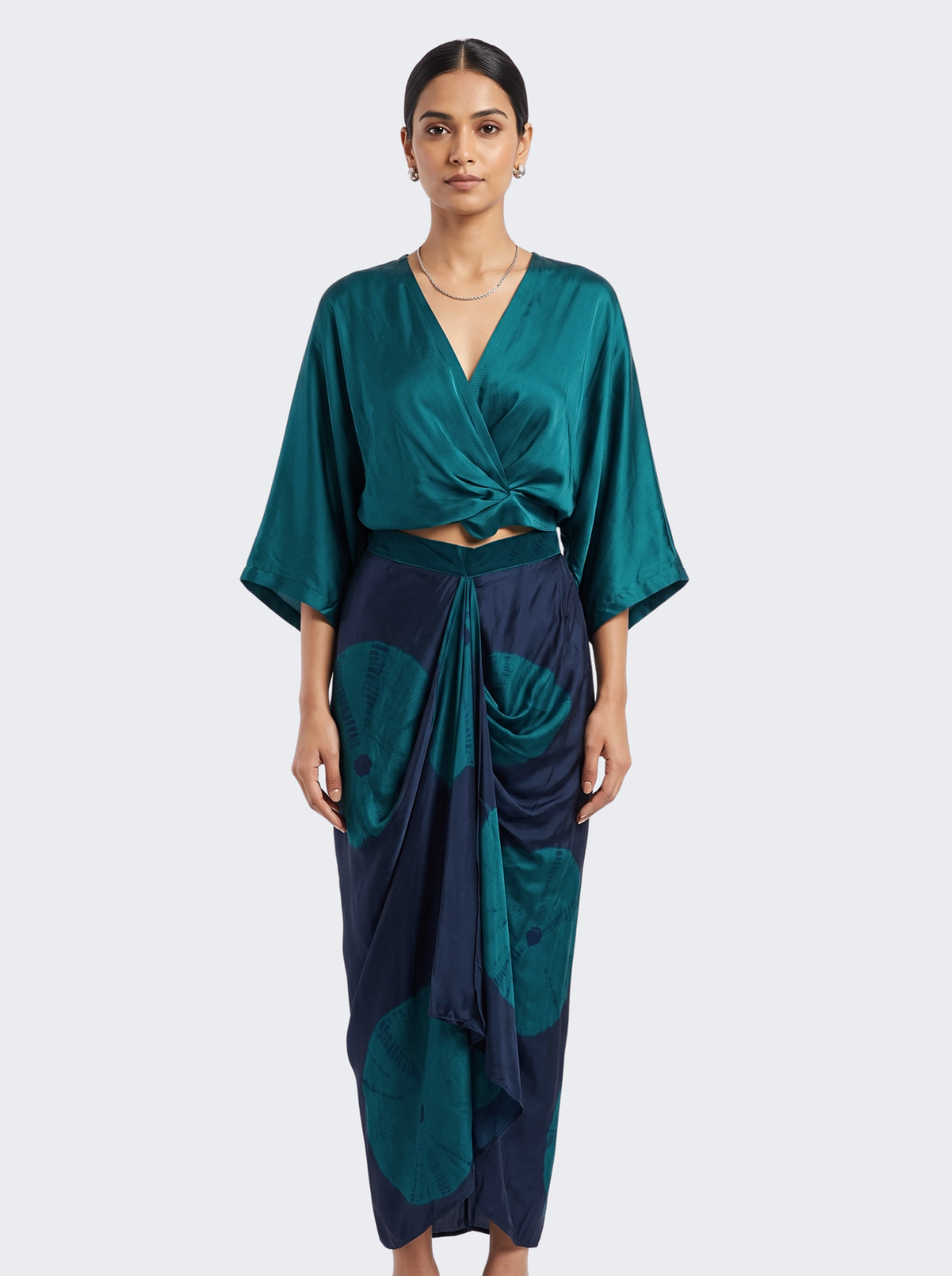 Peacock Blue Satin Top And Dhoti with Printed Embroidery 2