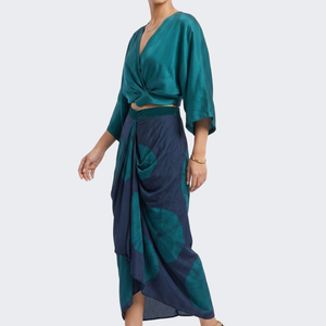 Peacock Blue Satin Top And Dhoti with Printed Embroidery 3