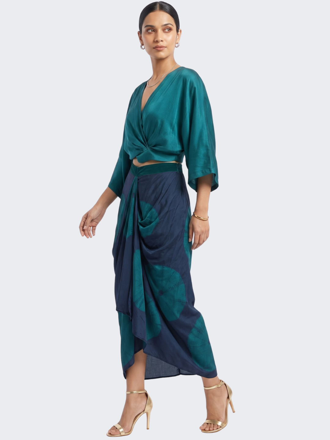 Peacock Blue Satin Top And Dhoti with Printed Embroidery 3