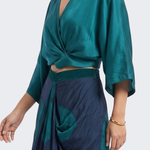Peacock Blue Satin Top And Dhoti with Printed Embroidery 4