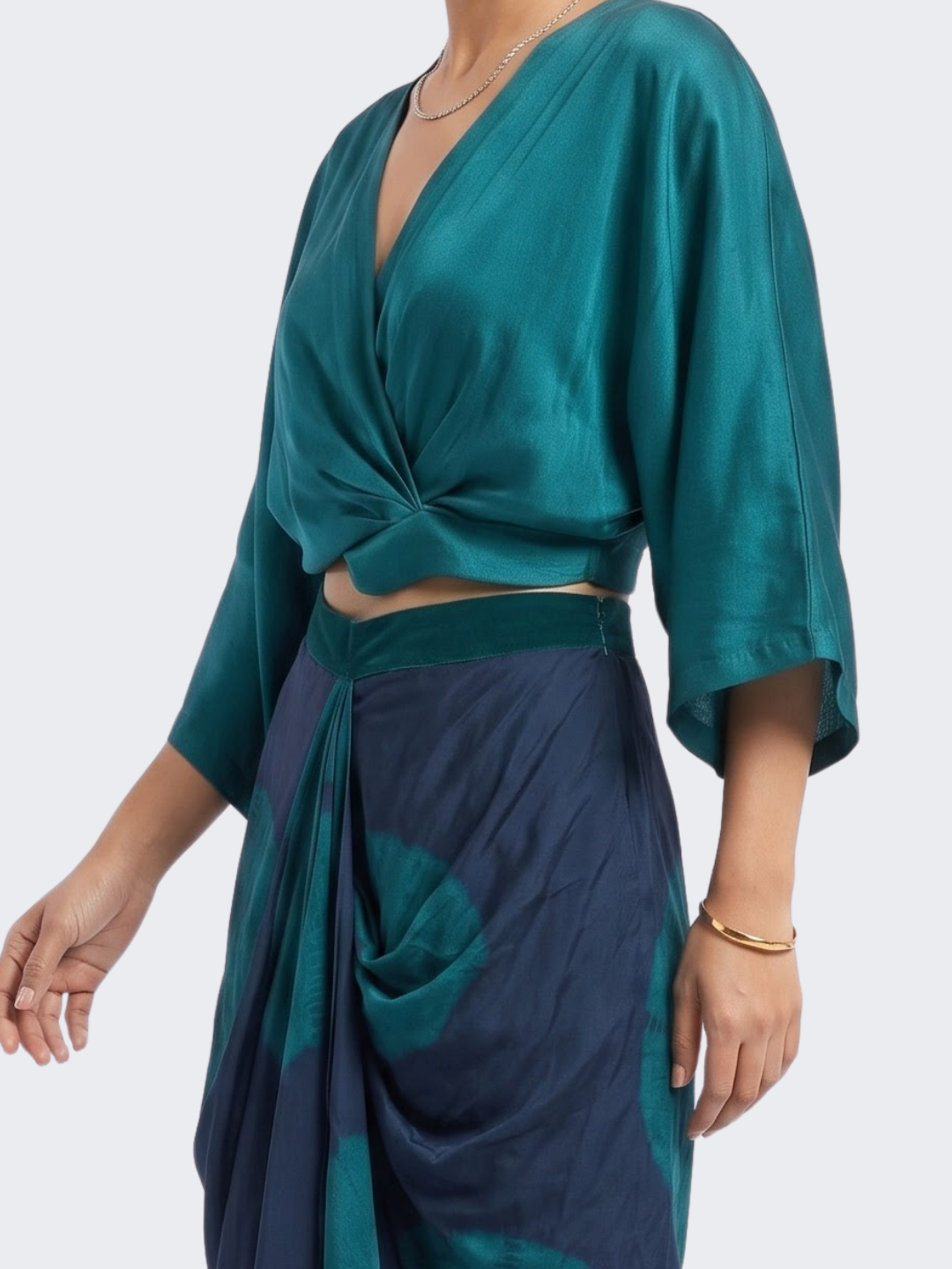 Peacock Blue Satin Top And Dhoti with Printed Embroidery 4