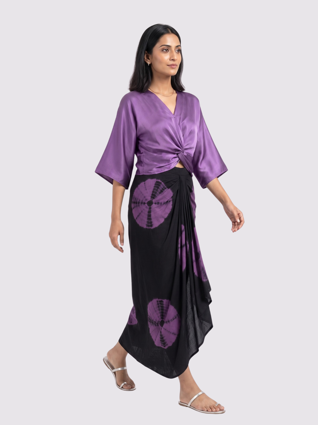 Dusty Purple Satin Top And Dhoti with Printed Embroidery 2