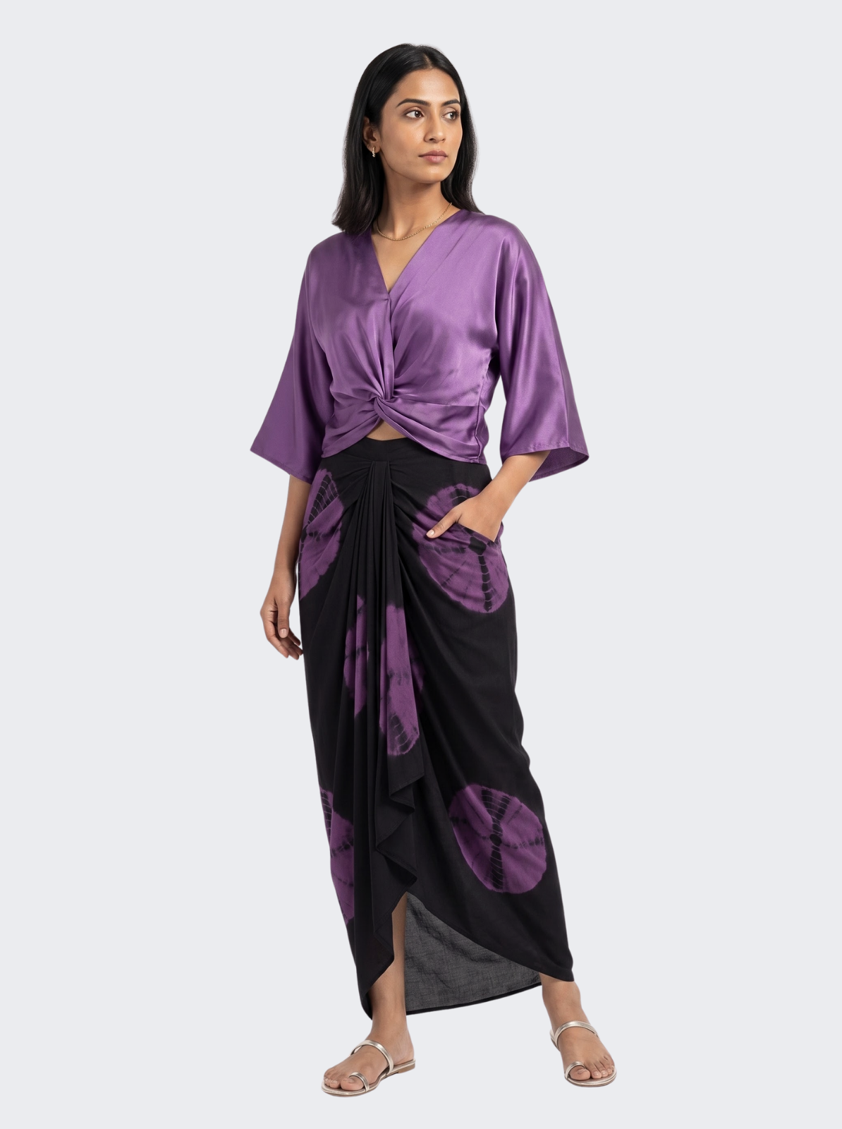 Dusty Purple Satin Top And Dhoti with Printed Embroidery 4