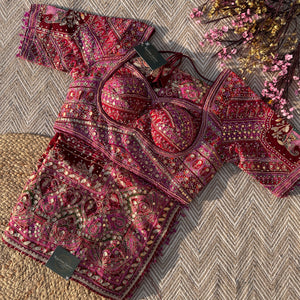 Mehroon Georgette Saree with Blouse with Sequins, Zari, Gota, Swarovski and Printed Embroidery 1