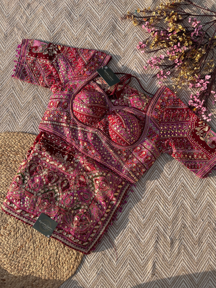 Mehroon Georgette Saree with Blouse with Sequins, Zari, Gota, Swarovski and Printed Embroidery 1
