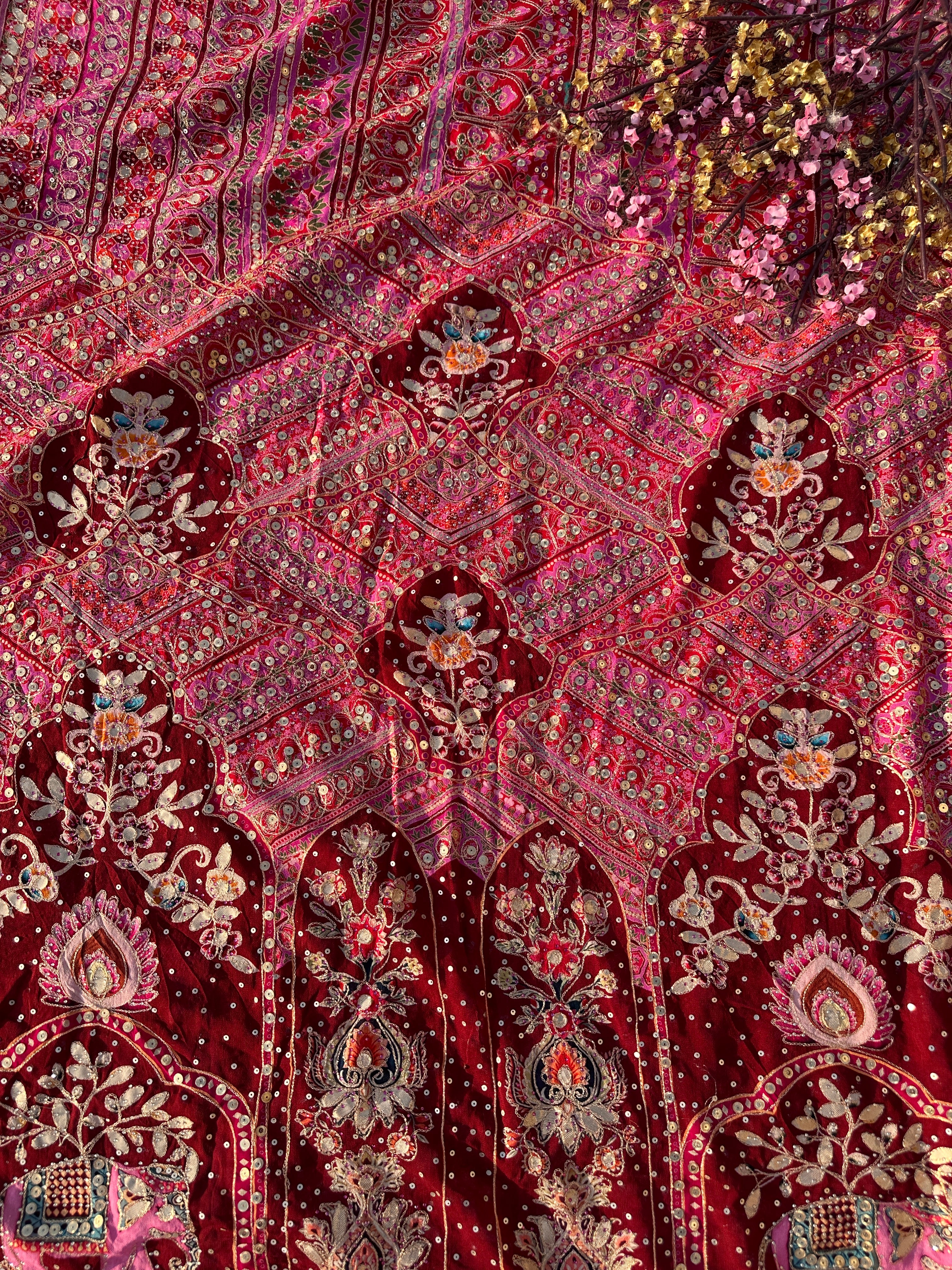 Mehroon Georgette Saree with Blouse with Sequins, Zari, Gota, Swarovski and Printed Embroidery 12