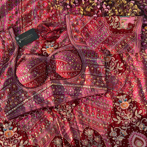 Mehroon Georgette Saree with Blouse with Sequins, Zari, Gota, Swarovski and Printed Embroidery 16