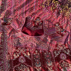 Mehroon Georgette Saree with Blouse with Sequins, Zari, Gota, Swarovski and Printed Embroidery 18