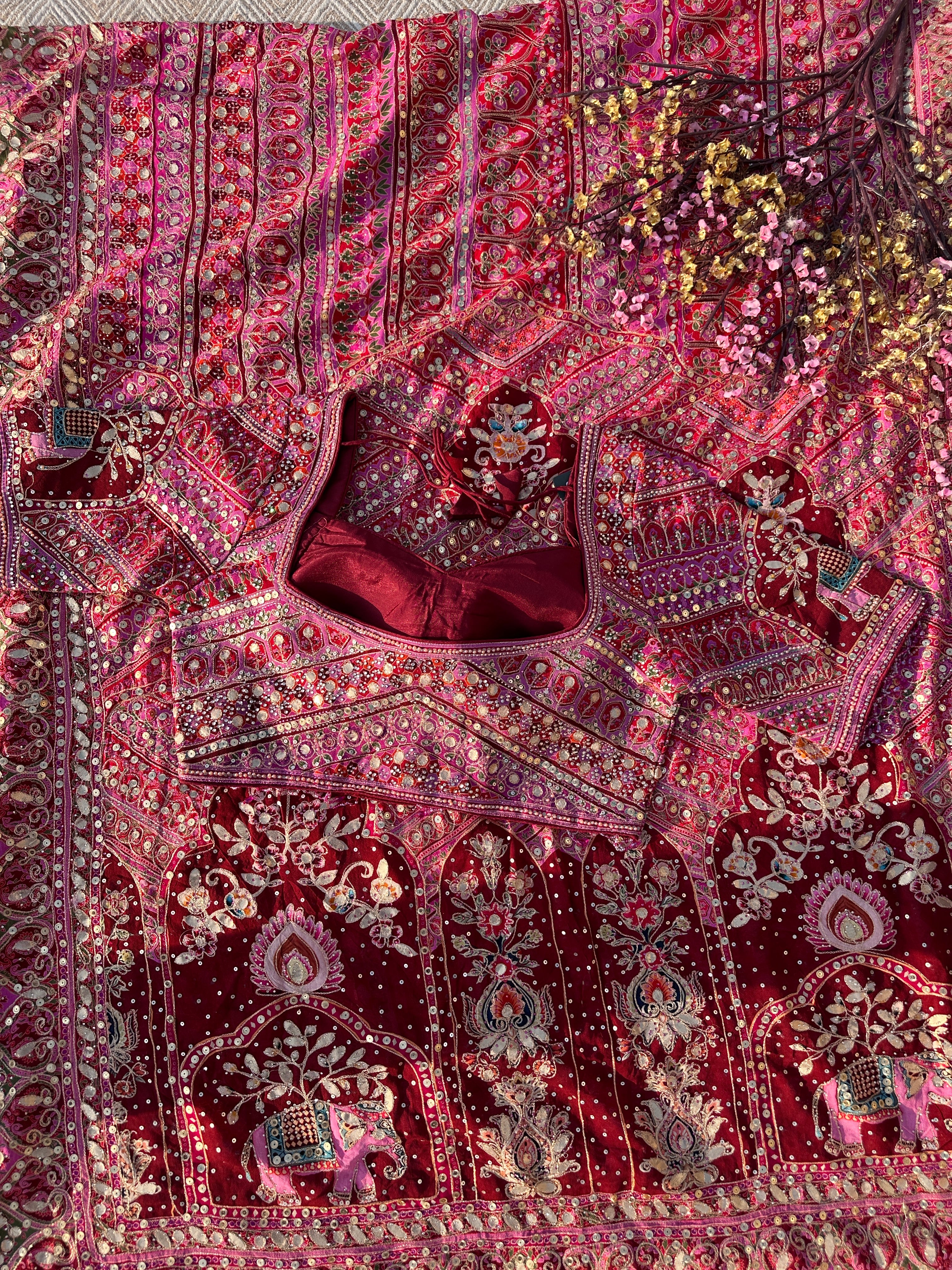 Mehroon Georgette Saree with Blouse with Sequins, Zari, Gota, Swarovski and Printed Embroidery 18