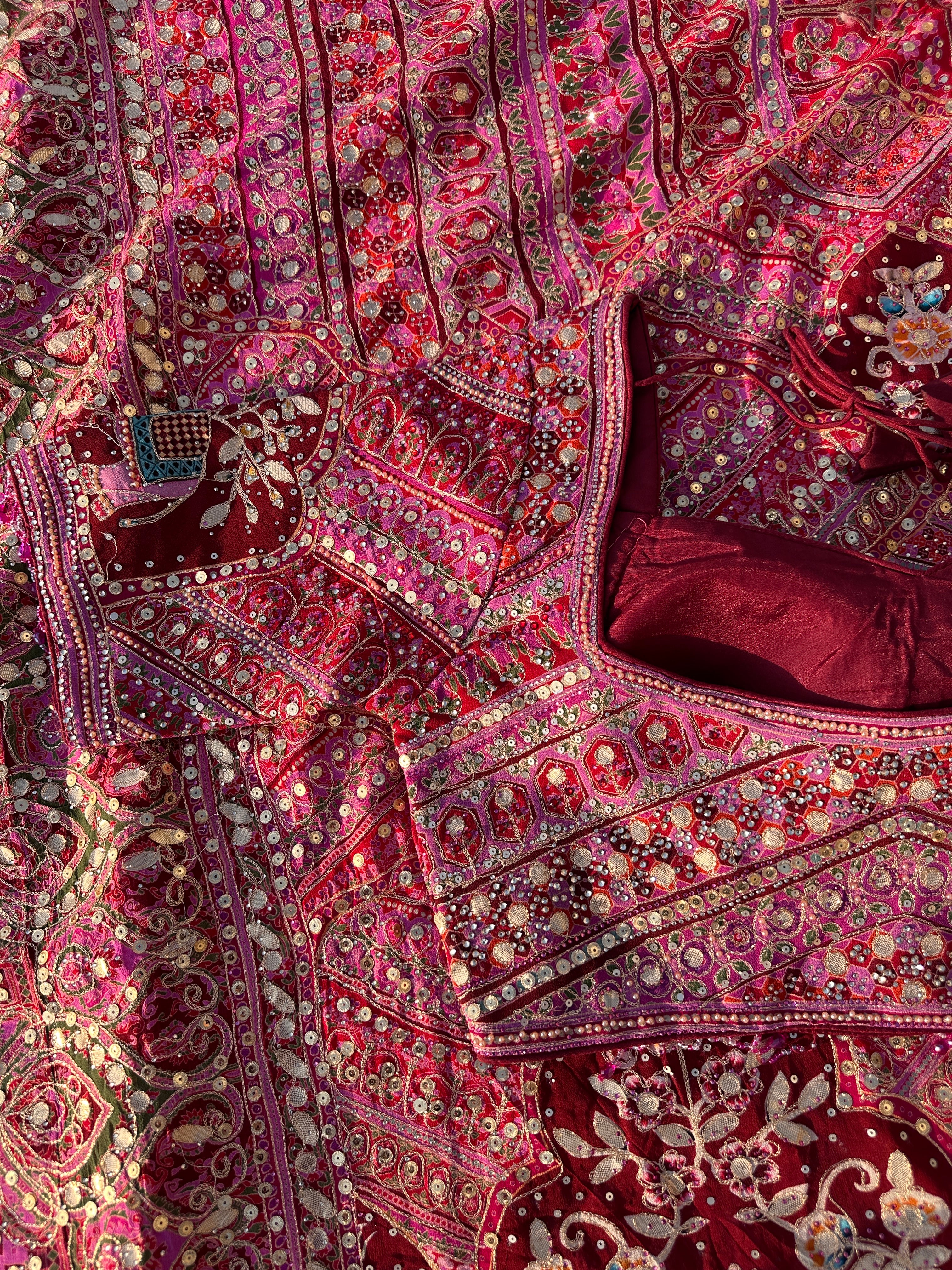 Mehroon Georgette Saree with Blouse with Sequins, Zari, Gota, Swarovski and Printed Embroidery 19