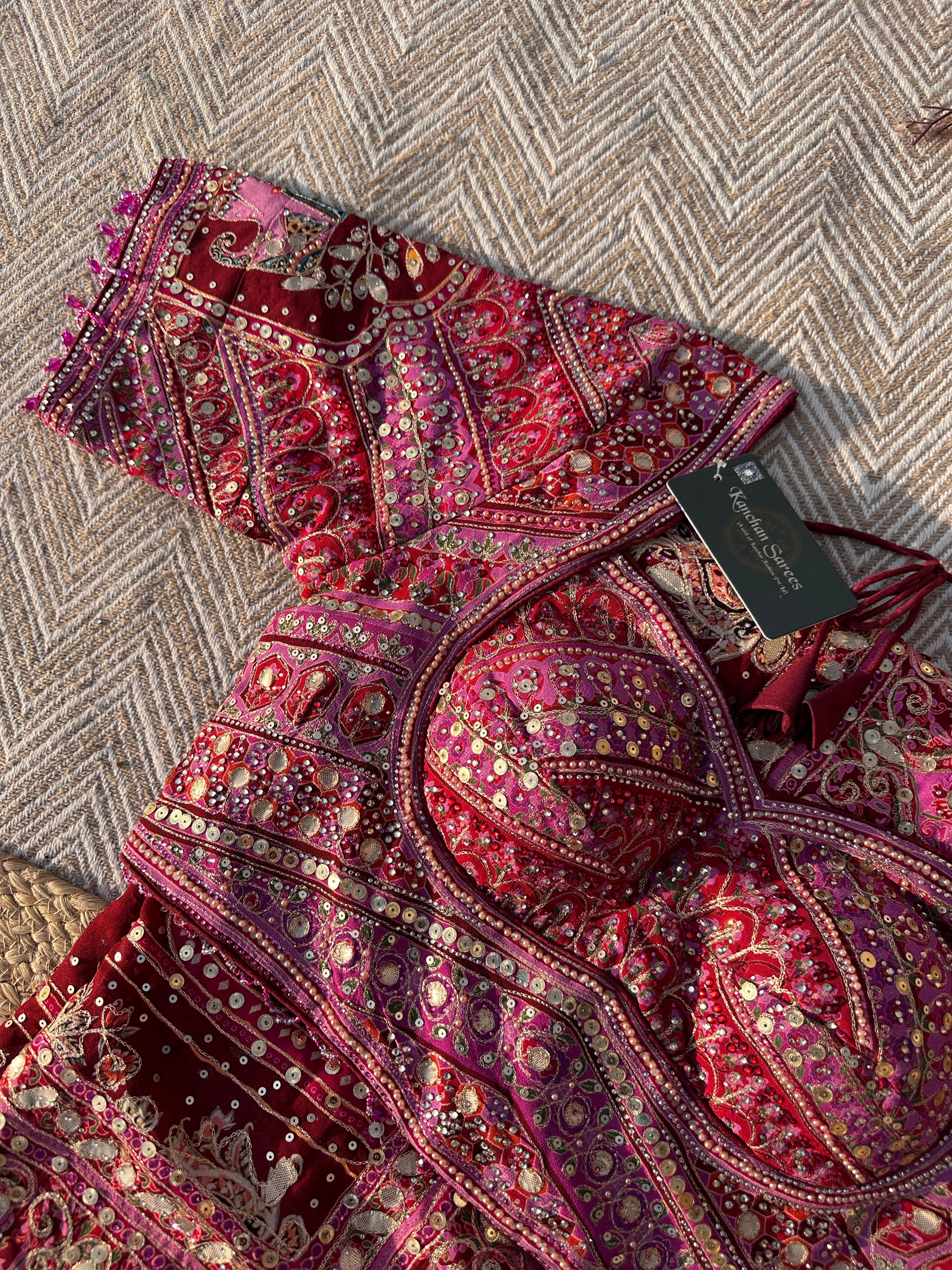 Mehroon Georgette Saree with Blouse with Sequins, Zari, Gota, Swarovski and Printed Embroidery 3