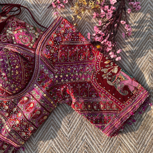 Mehroon Georgette Saree with Blouse with Sequins, Zari, Gota, Swarovski and Printed Embroidery 4