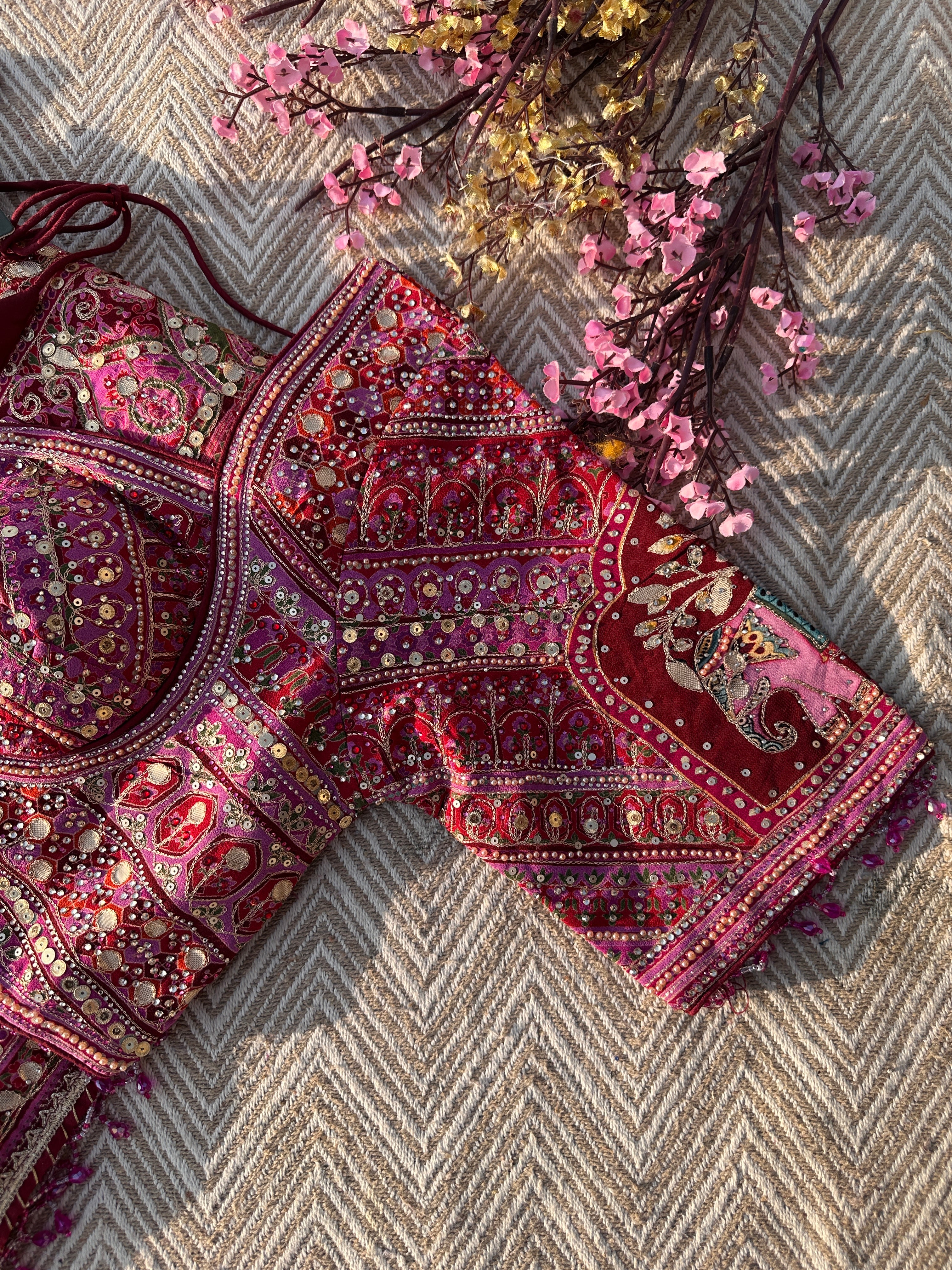 Mehroon Georgette Saree with Blouse with Sequins, Zari, Gota, Swarovski and Printed Embroidery 4