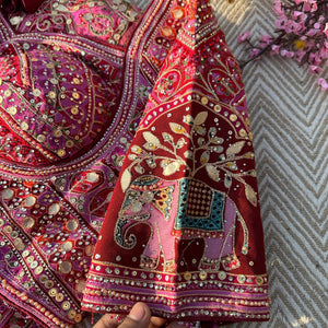 Mehroon Georgette Saree with Blouse with Sequins, Zari, Gota, Swarovski and Printed Embroidery 5