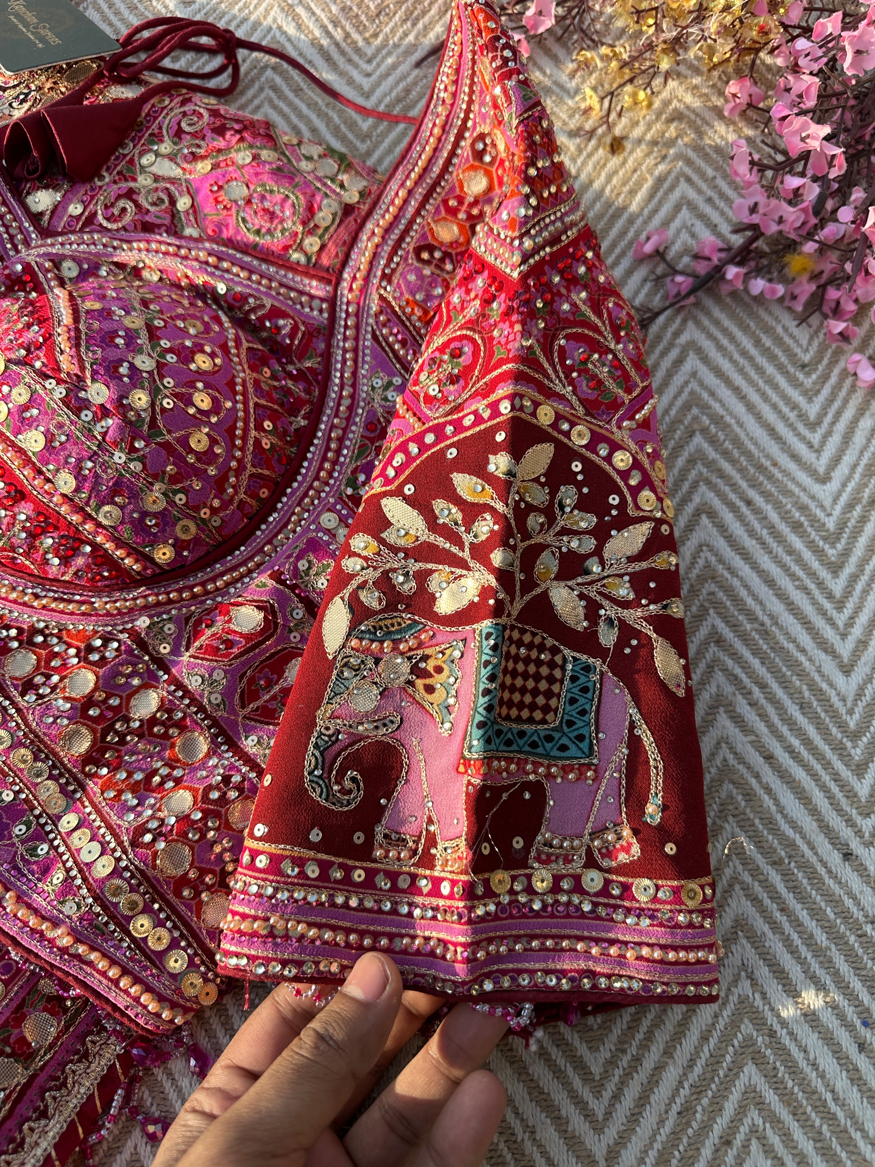 Mehroon Georgette Saree with Blouse with Sequins, Zari, Gota, Swarovski and Printed Embroidery 5
