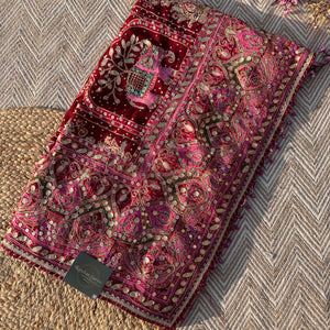 Mehroon Georgette Saree with Blouse with Sequins, Zari, Gota, Swarovski and Printed Embroidery 6
