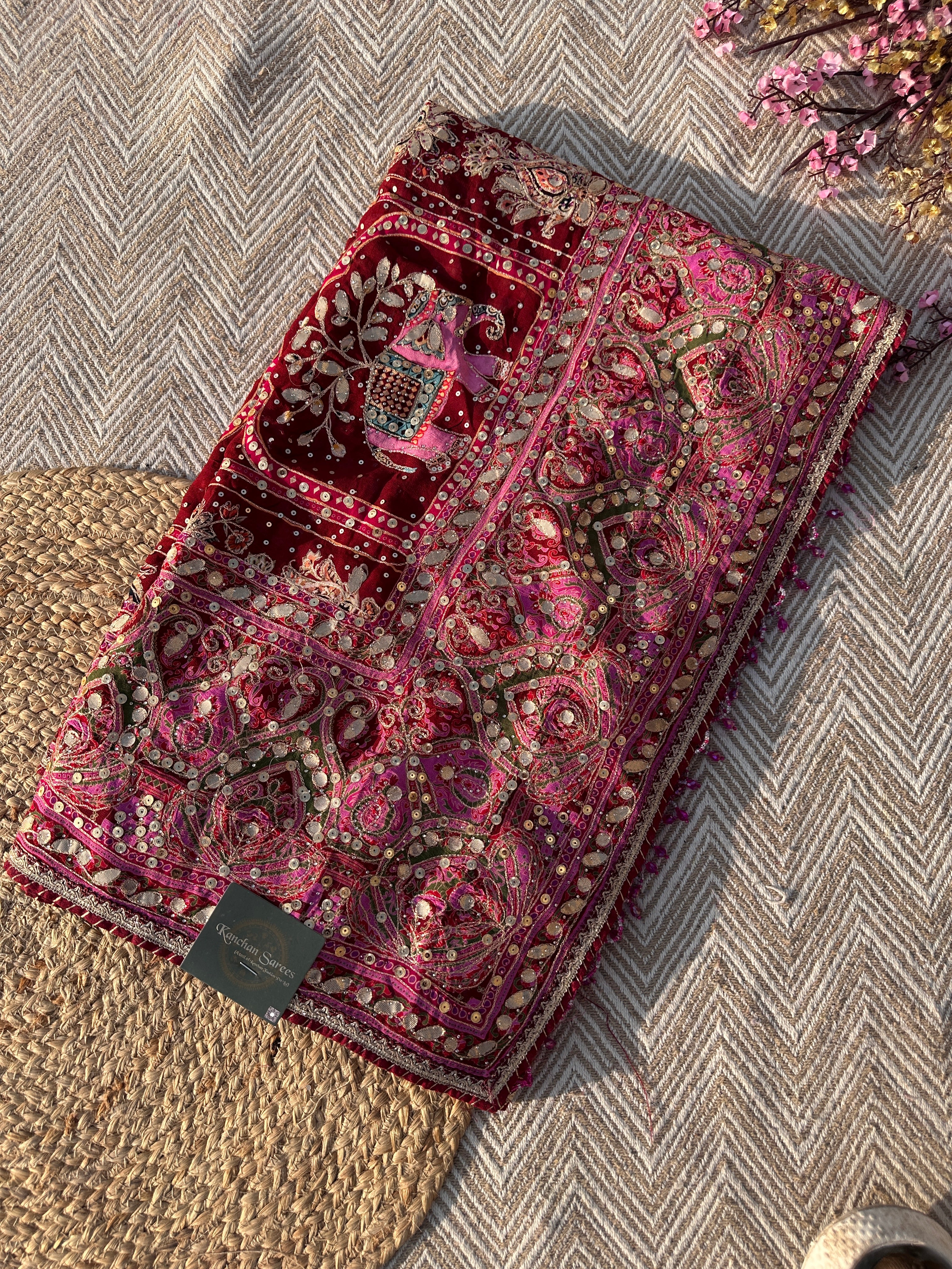 Mehroon Georgette Saree with Blouse with Sequins, Zari, Gota, Swarovski and Printed Embroidery 6