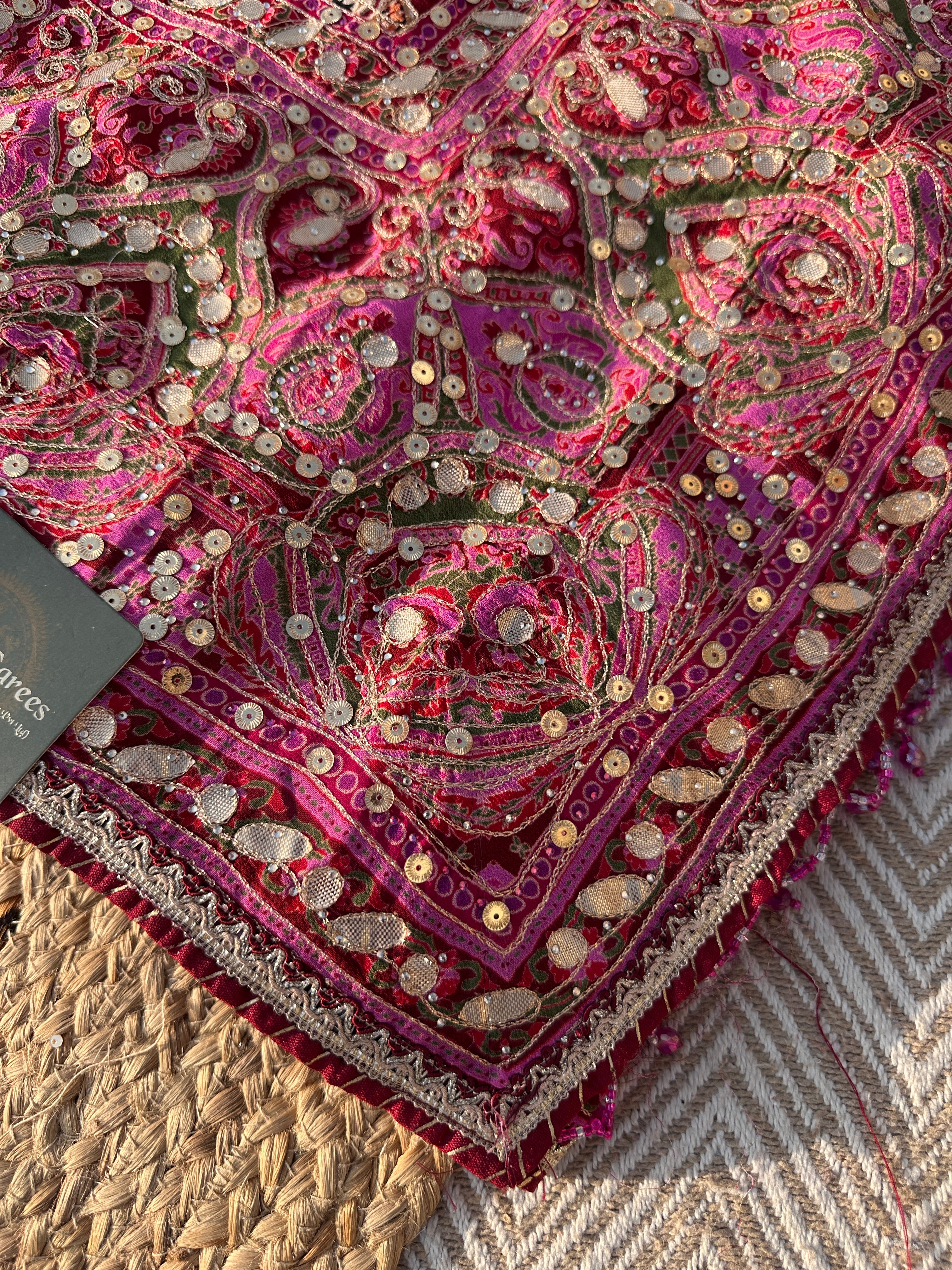 Mehroon Georgette Saree with Blouse with Sequins, Zari, Gota, Swarovski and Printed Embroidery 8