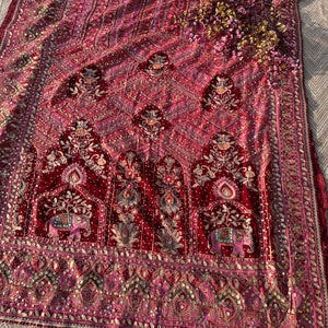 Mehroon Georgette Saree with Blouse with Sequins, Zari, Gota, Swarovski and Printed Embroidery 9