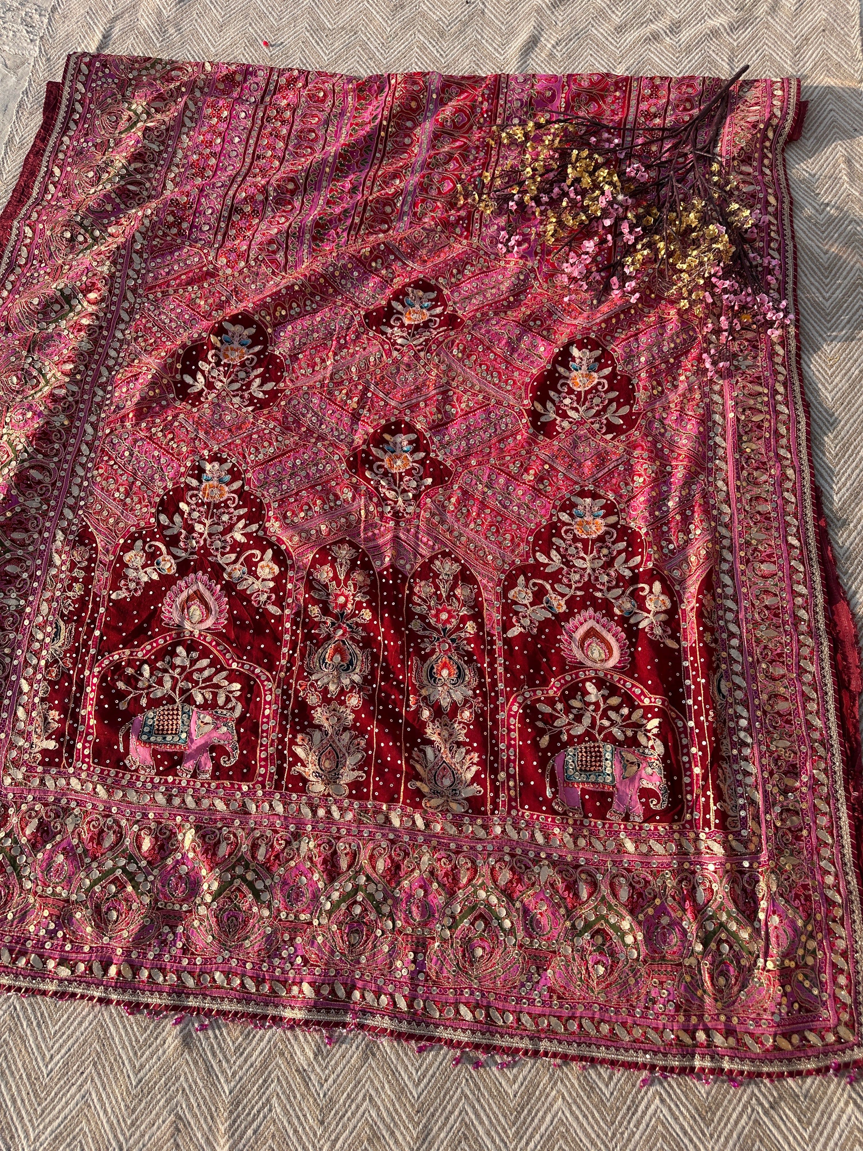 Mehroon Georgette Saree with Blouse with Sequins, Zari, Gota, Swarovski and Printed Embroidery 9
