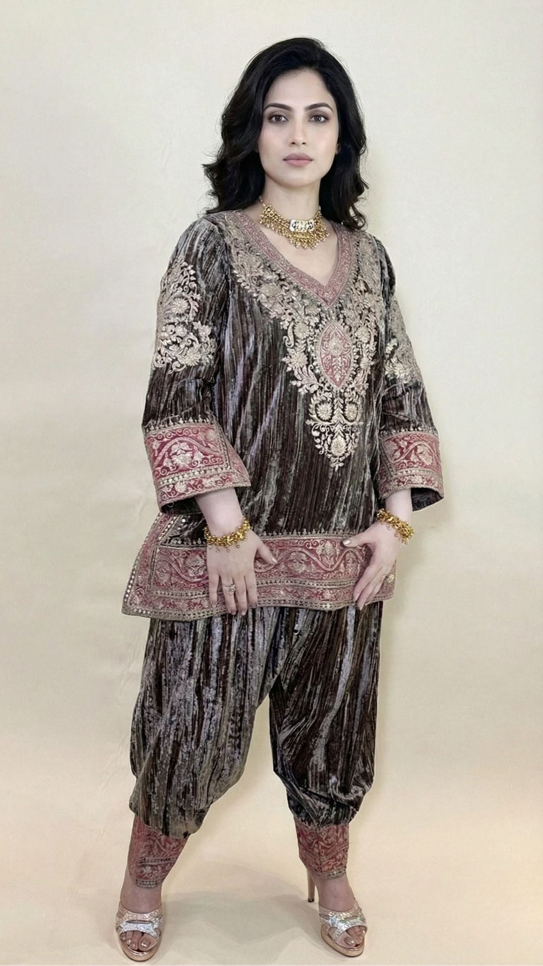 Brown Wrinkled Velvet Embroidered Top with Salwar