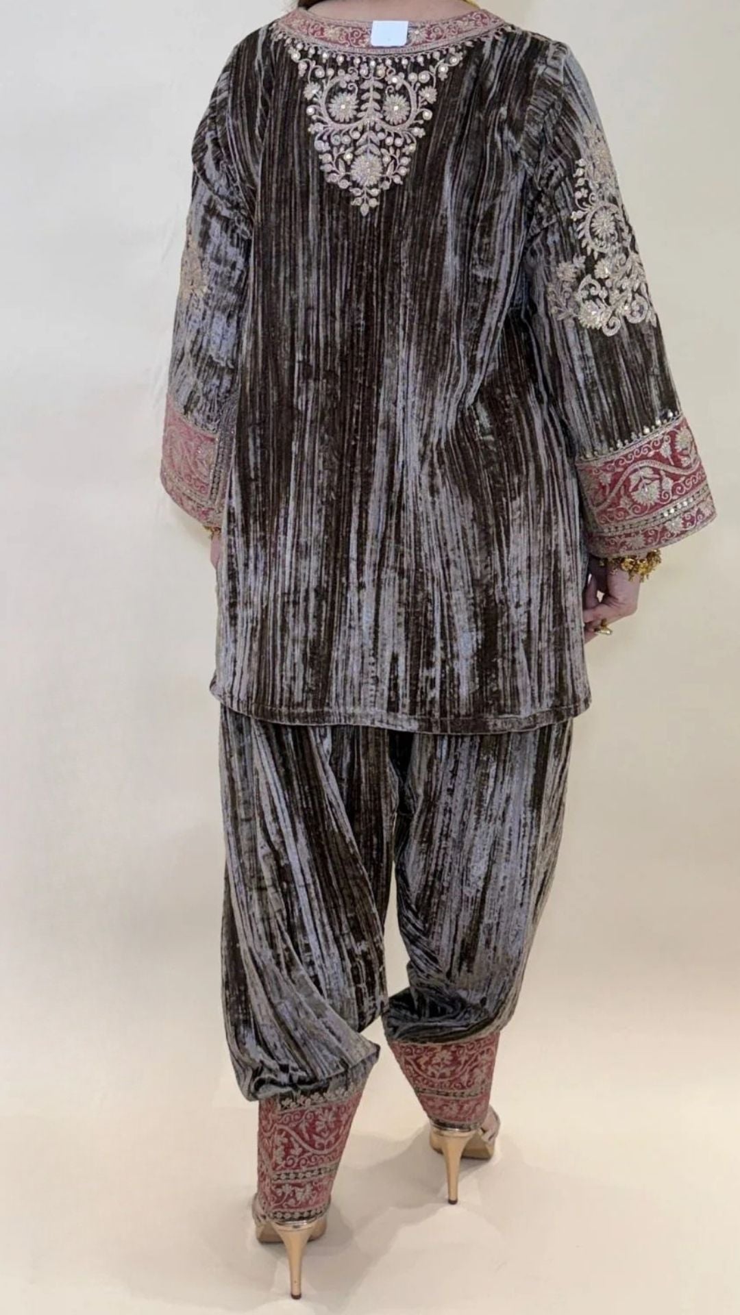 Brown Wrinkled Velvet Embroidered Top with Salwar