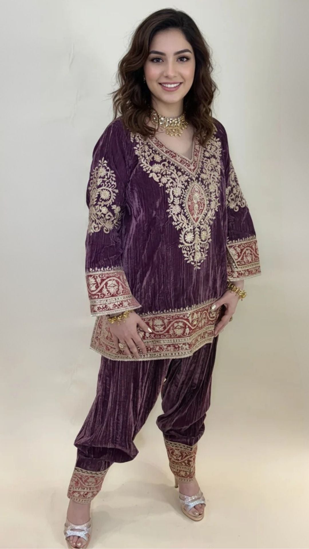 Plum Purple Wrinkled Velvet Embroidered Top with Salwar