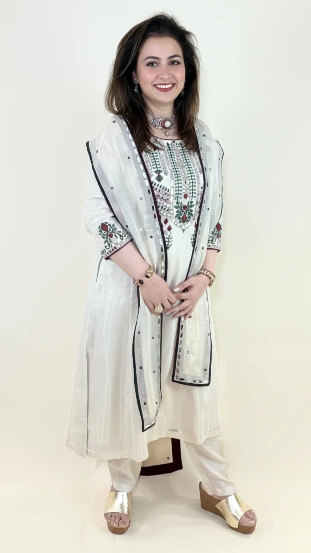 Off White Thread Embroidered Top and Bottom with Cape