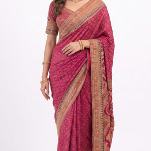 Rani Chinon Saree Embellished With Stone & Zari Work