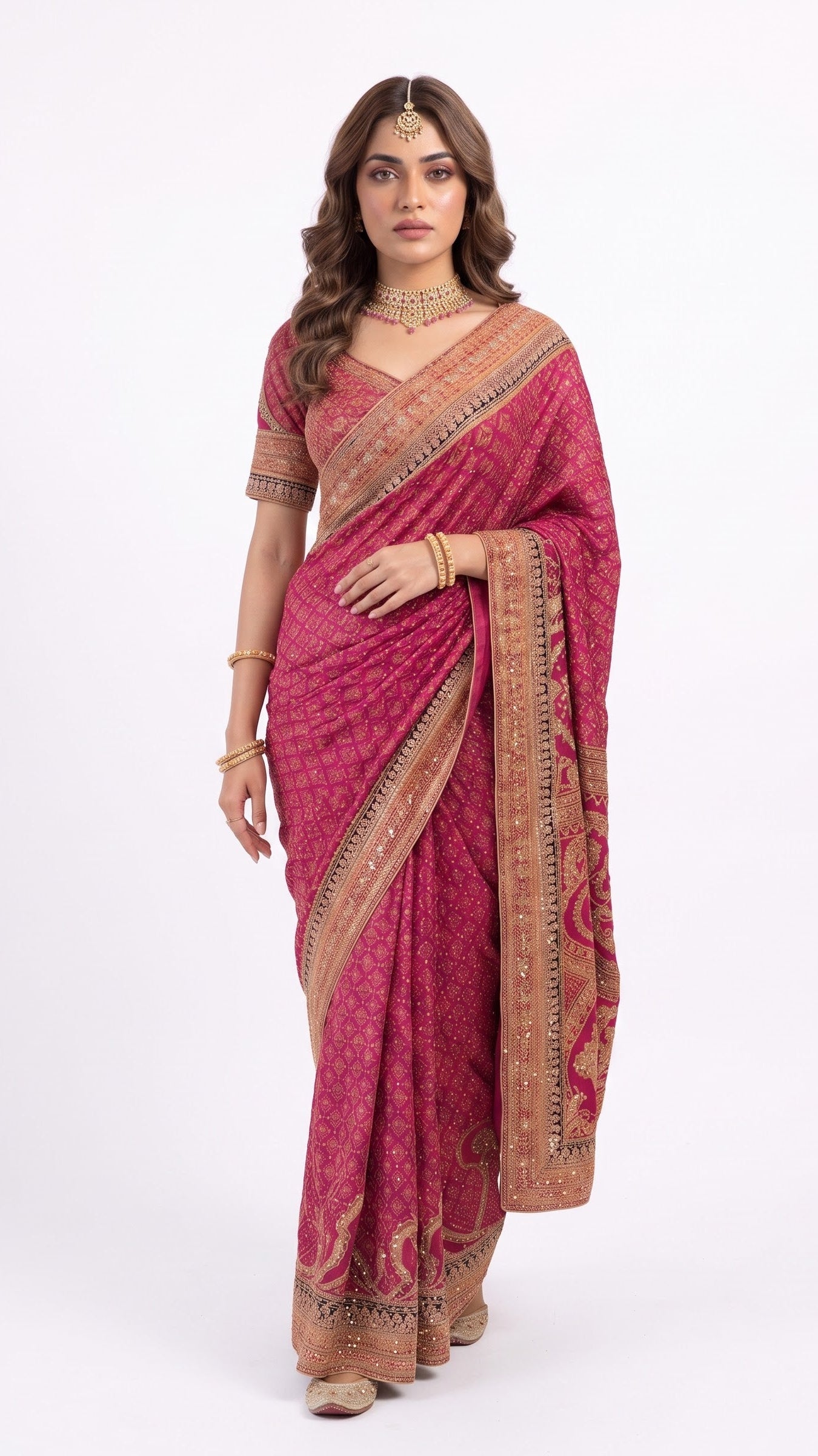 Rani Chinon Saree Embellished With Stone & Zari Work