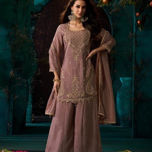 Dusty Rose Chinon Suit Embellished With Cutdana & Sequins Work