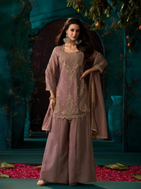 Dusty Rose Chinon Suit Embellished With Cutdana & Sequins Work