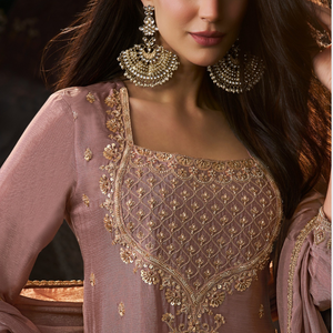 Dusty Rose Chinon Suit Embellished With Cutdana & Sequins Work