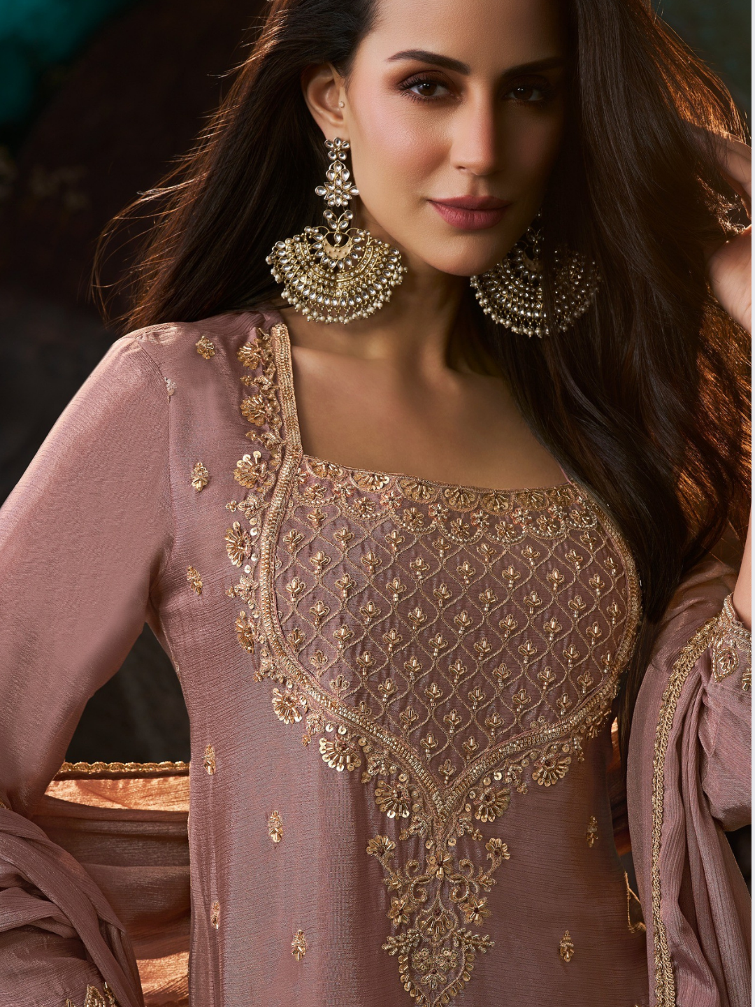 Dusty Rose Chinon Suit Embellished With Cutdana & Sequins Work