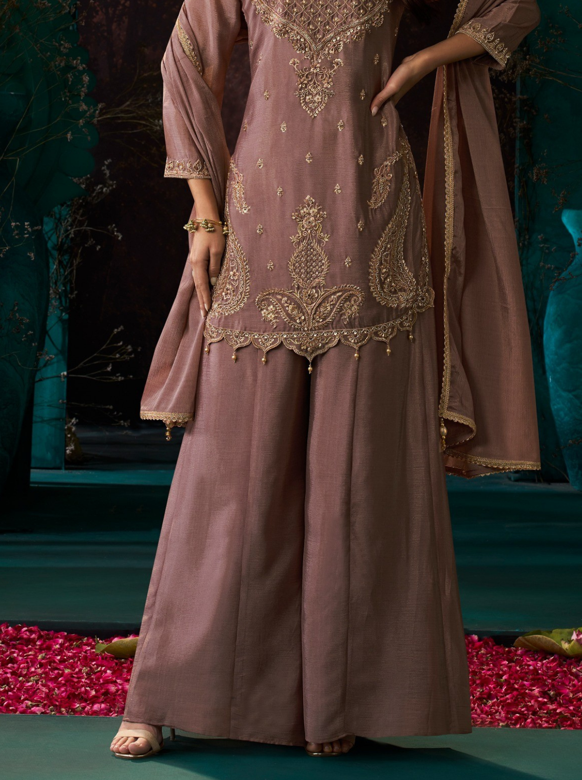 Dusty Rose Chinon Suit Embellished With Cutdana & Sequins Work