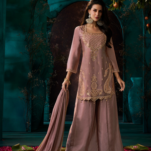 Dusty Rose Chinon Suit Embellished With Cutdana & Sequins Work