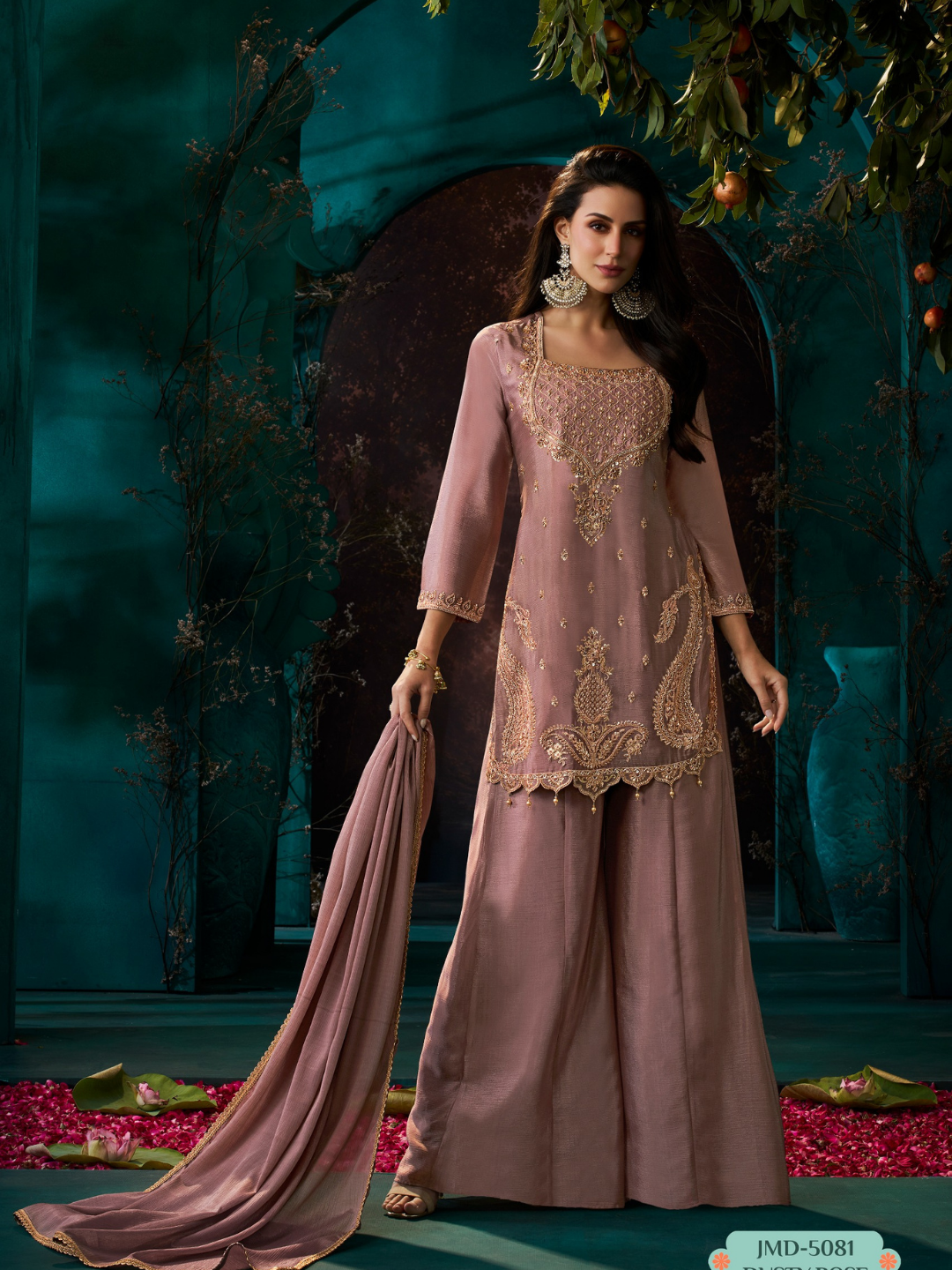 Dusty Rose Chinon Suit Embellished With Cutdana & Sequins Work