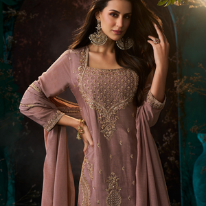 Dusty Rose Chinon Suit Embellished With Cutdana & Sequins Work