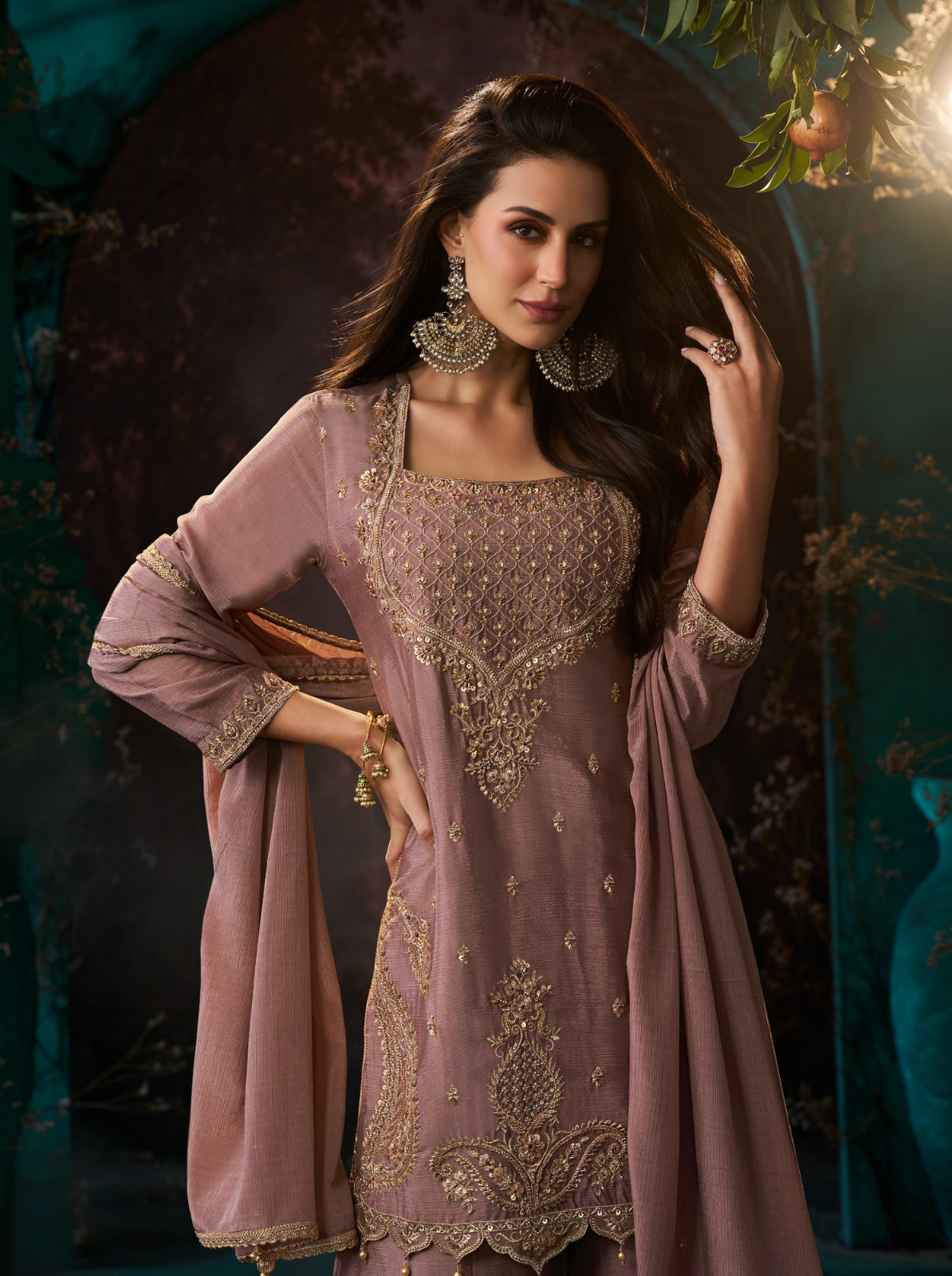Dusty Rose Chinon Suit Embellished With Cutdana & Sequins Work