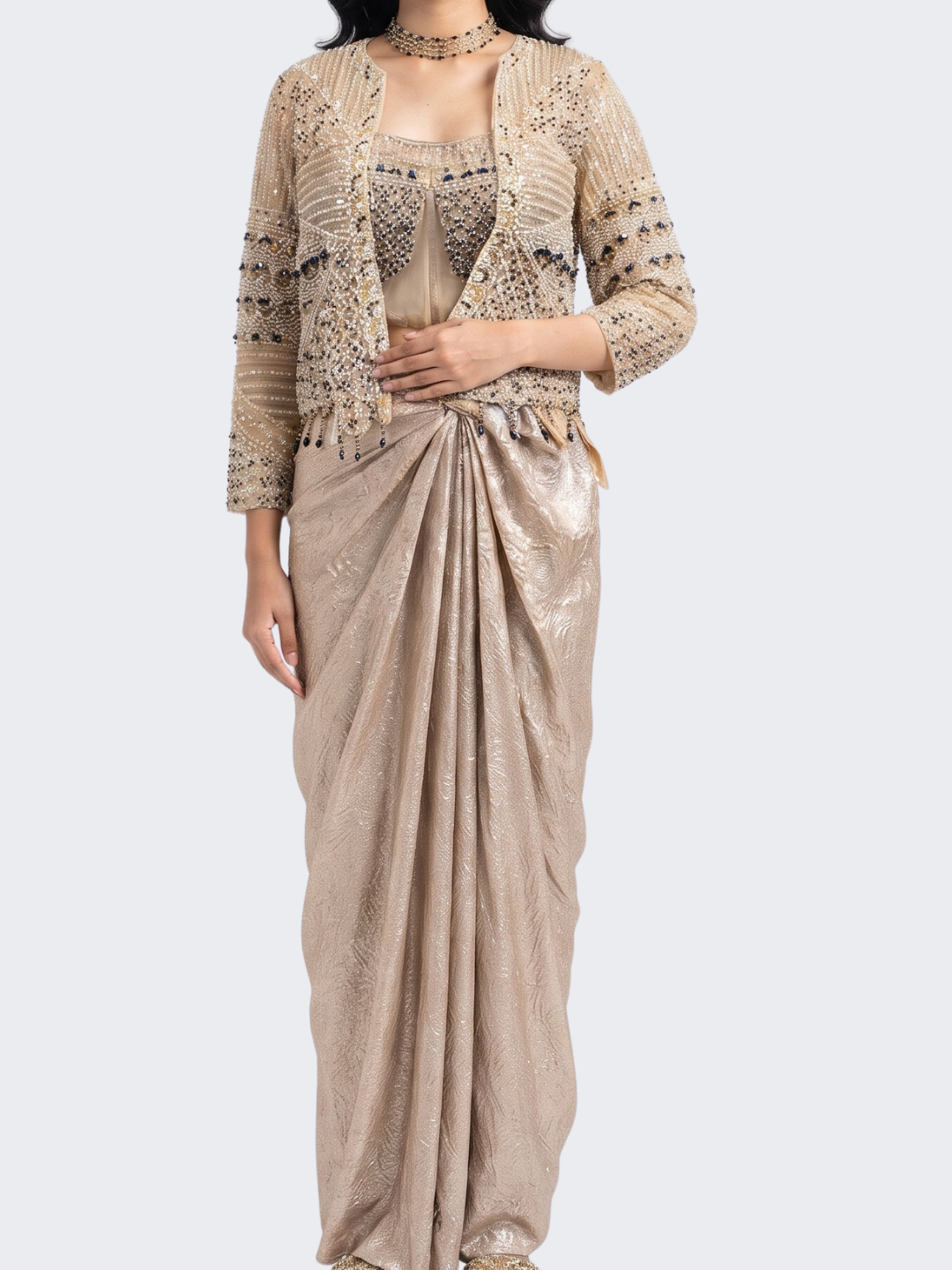 Fone Net Indo Western with Cutdana, Sequins and Pearl Embroidery 2