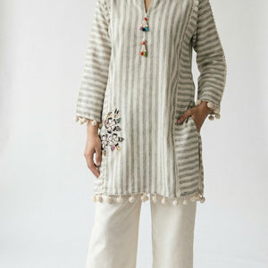 White Khadi Cotton Indo-Western Kurta Set with Moti Embellishment