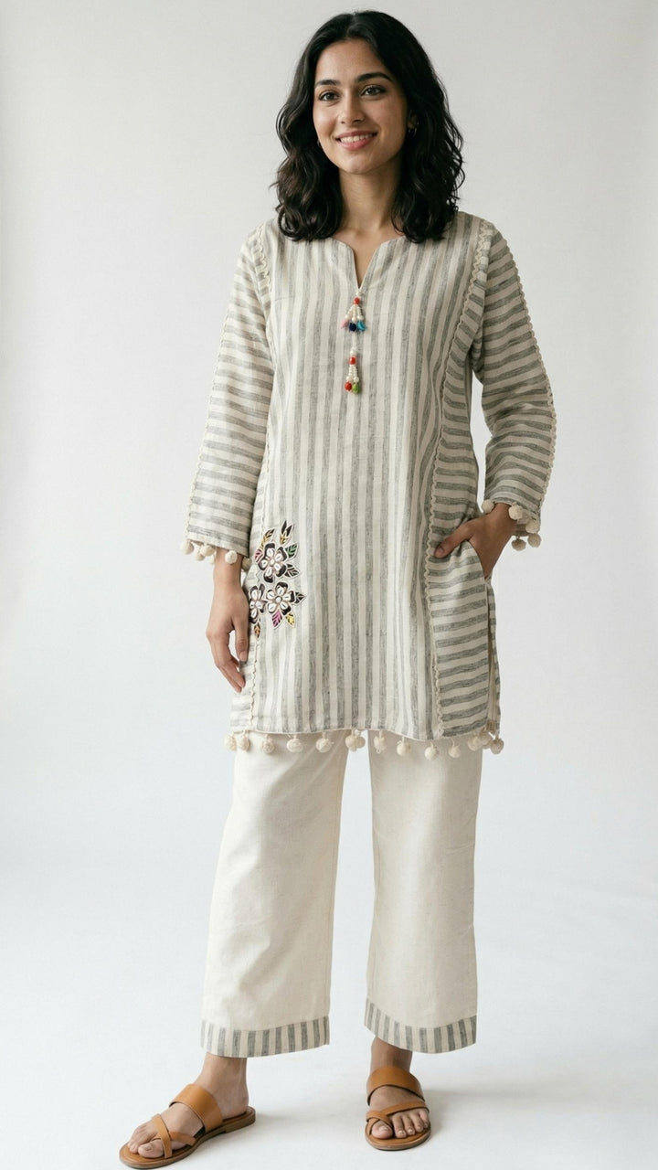 White Khadi Cotton Indo-Western Kurta Set with Moti Embellishment