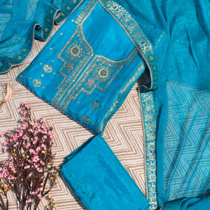 Blue Silk Unstitched Suit with Hand Work Embroidery 1