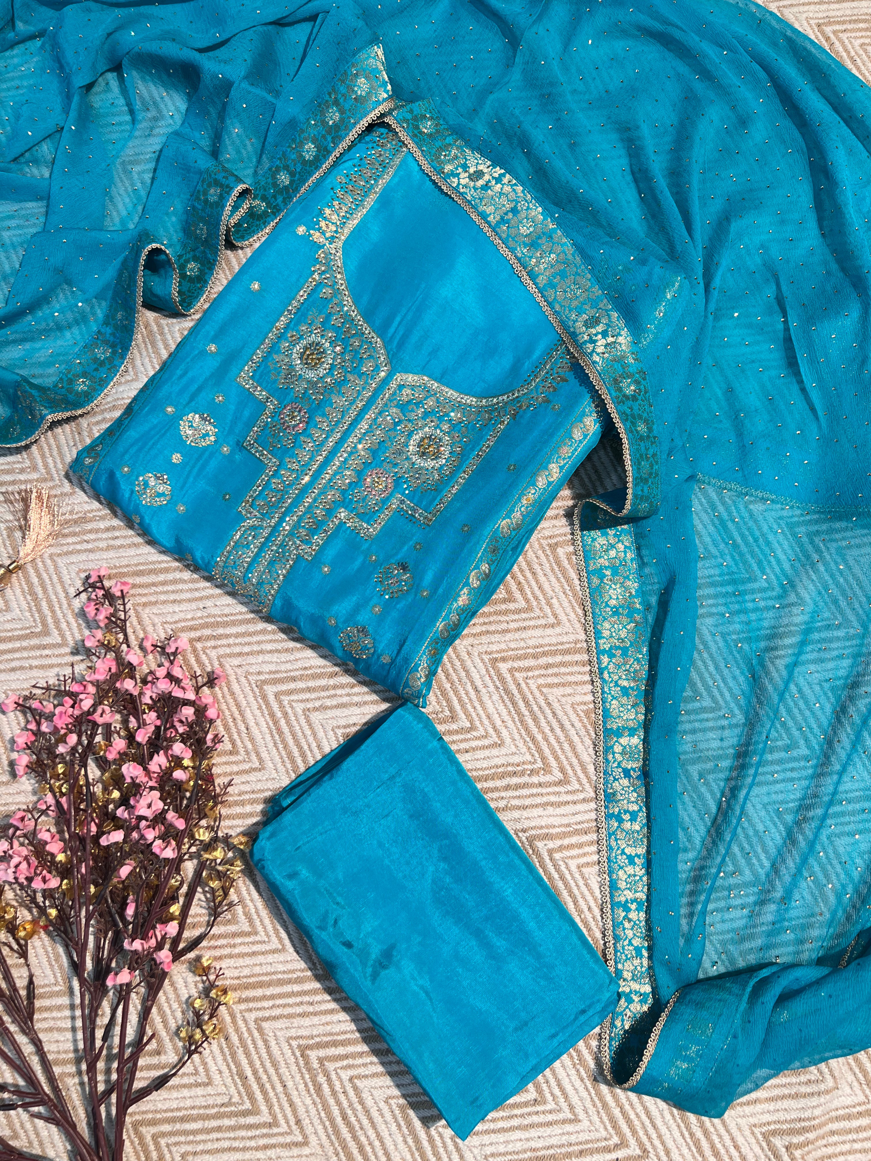 Blue Silk Unstitched Suit with Hand Work Embroidery 1