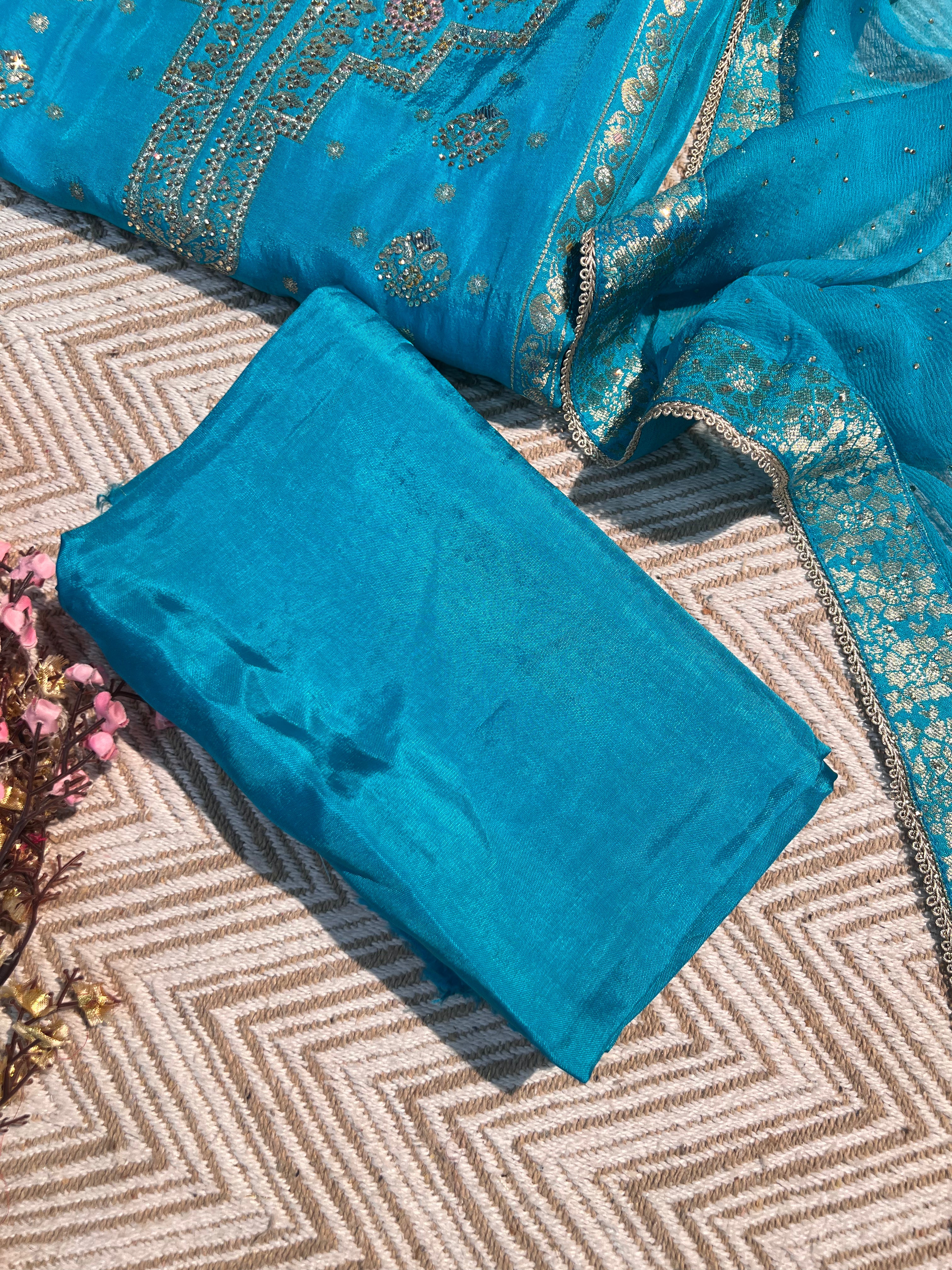 Blue Silk Unstitched Suit with Hand Work Embroidery 10