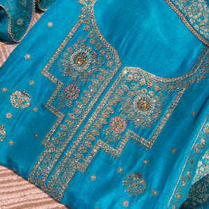 Blue Silk Unstitched Suit with Hand Work Embroidery 11