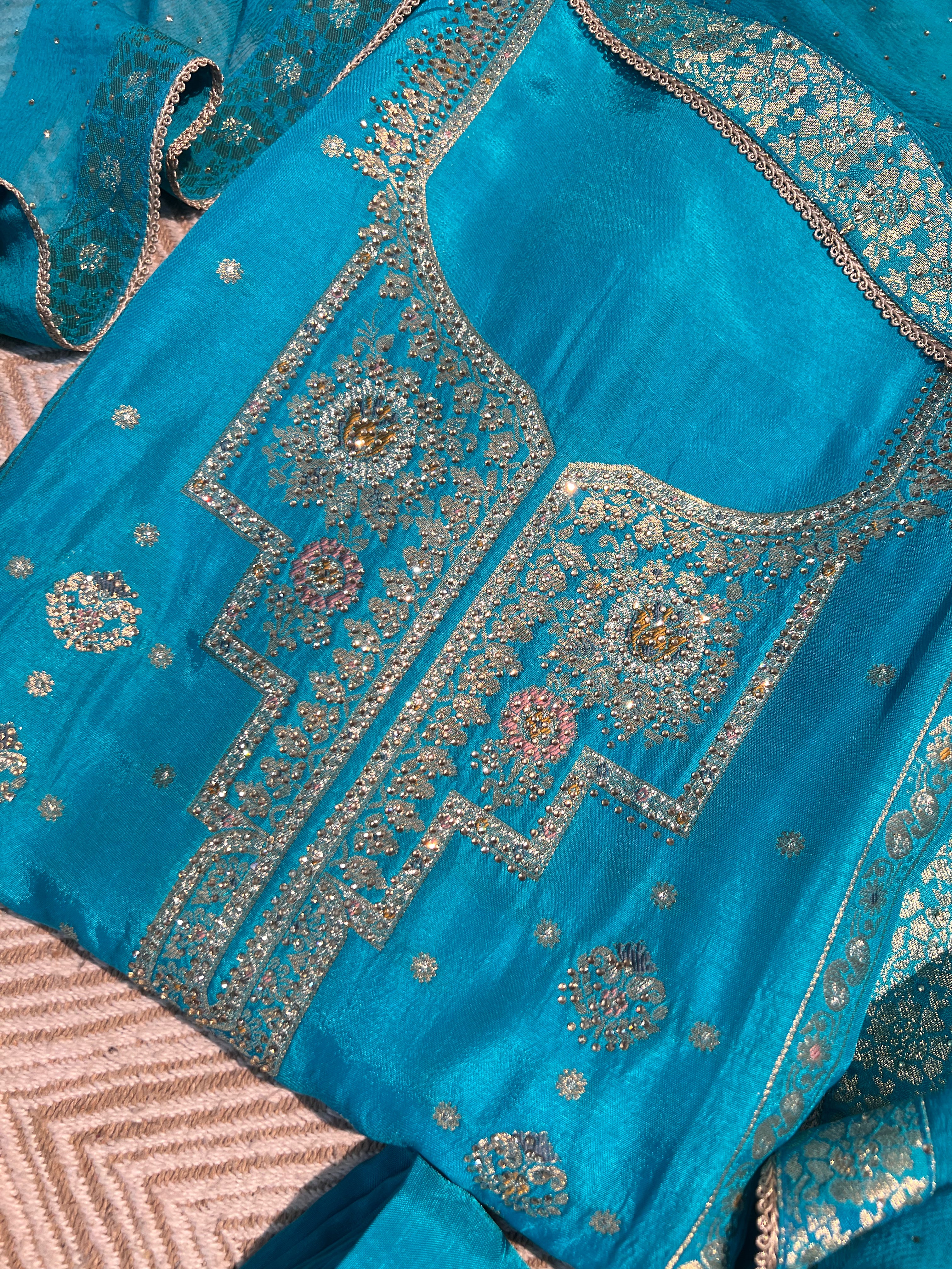 Blue Silk Unstitched Suit with Hand Work Embroidery 11