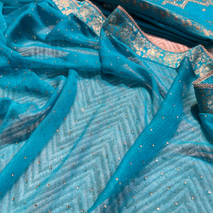 Blue Silk Unstitched Suit with Hand Work Embroidery 2
