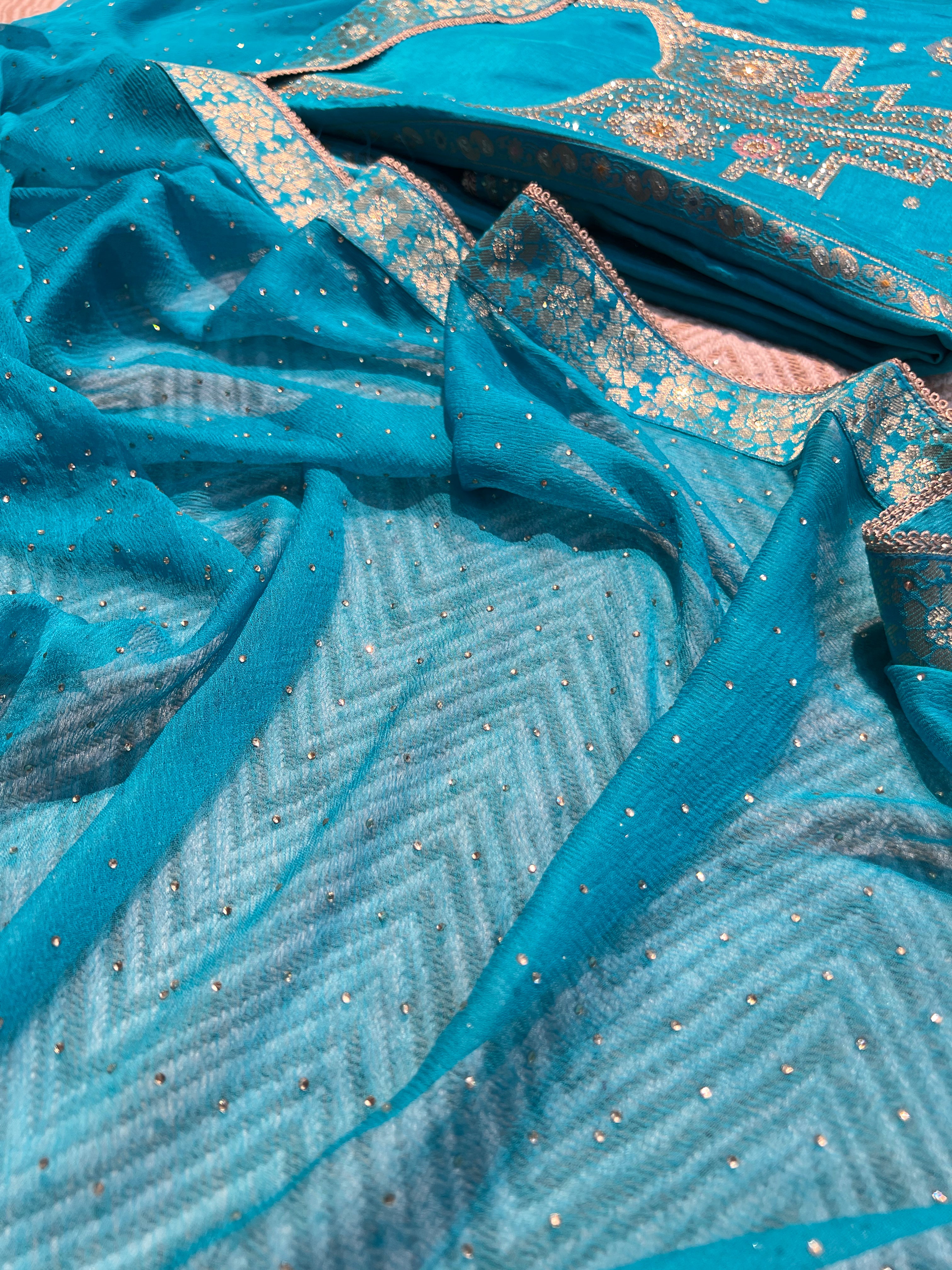 Blue Silk Unstitched Suit with Hand Work Embroidery 2